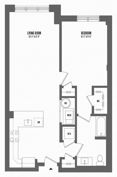 Floor plan for 1 bed, 1 bath, 867 sqft